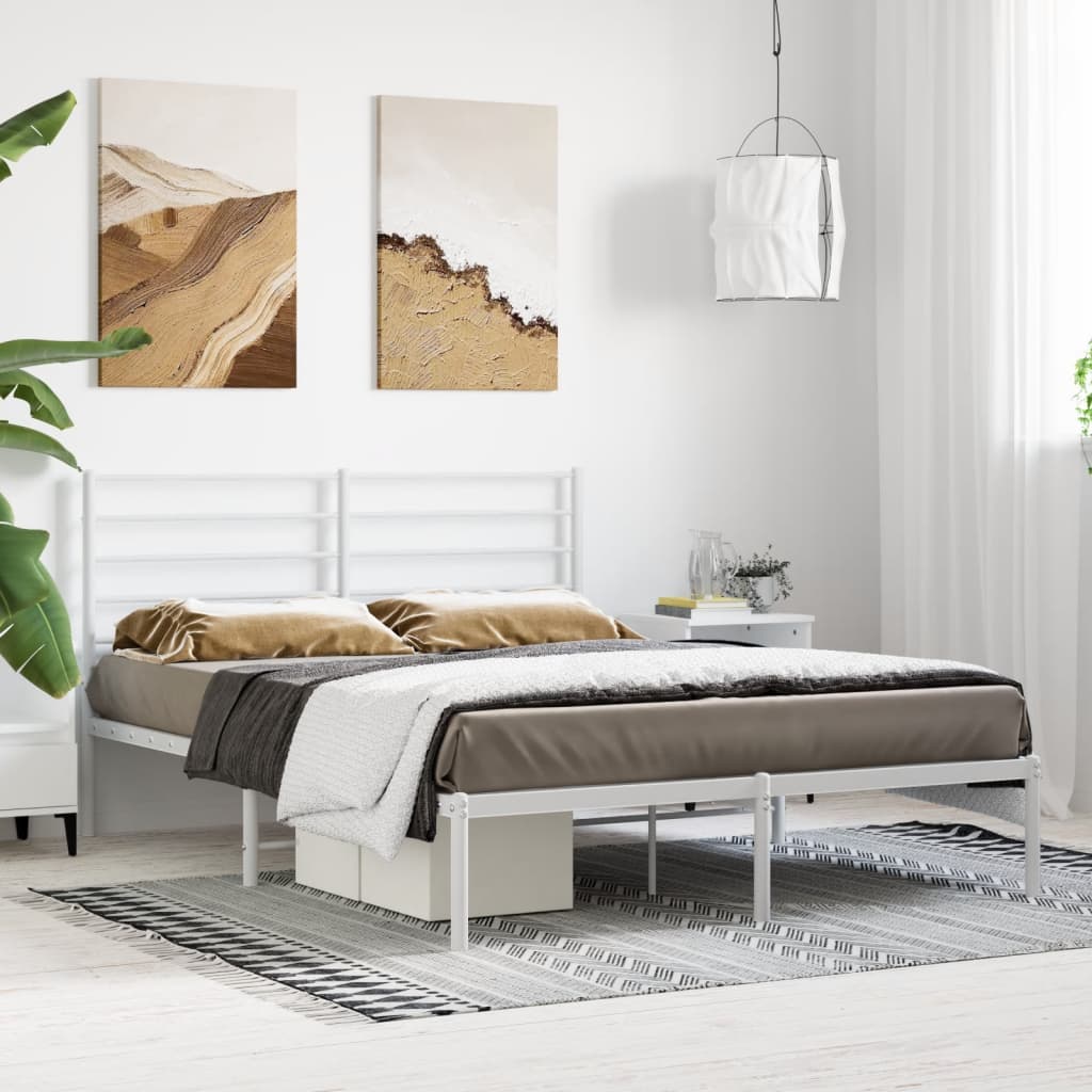 Modern white metal bed frame with a slatted headboard and footboard
