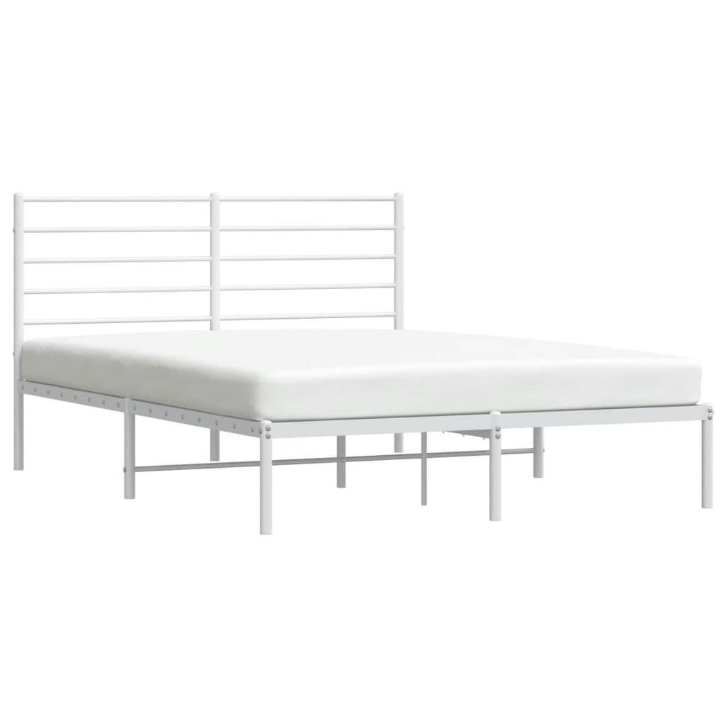 White metal bed frame with a slatted headboard and platform base