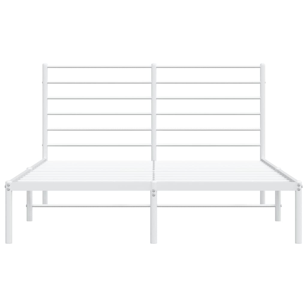 Modern white metal bed frame with horizontal slat headboard and mattress support