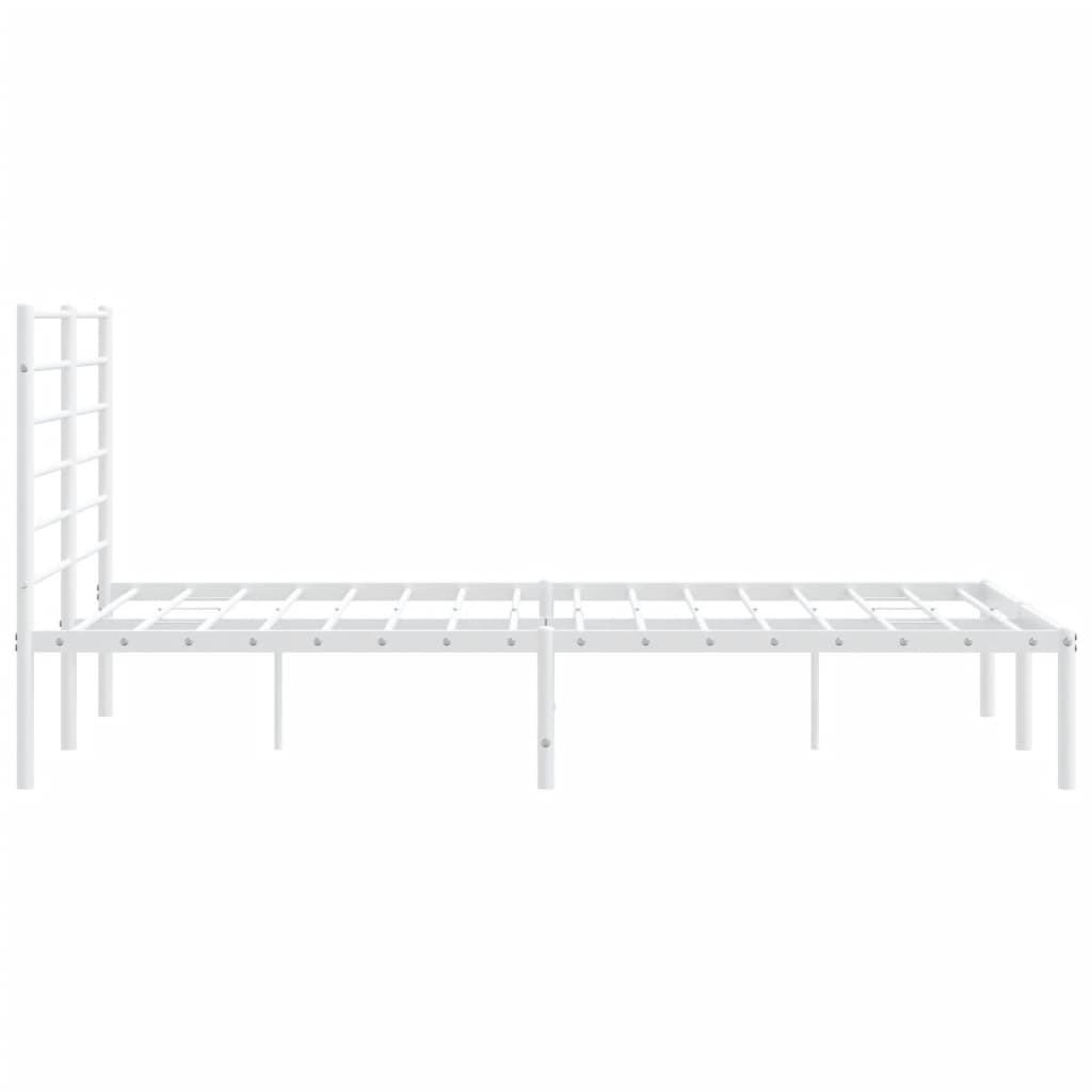 Minimalist white metal bed frame with horizontal slats and a sleek headboard
