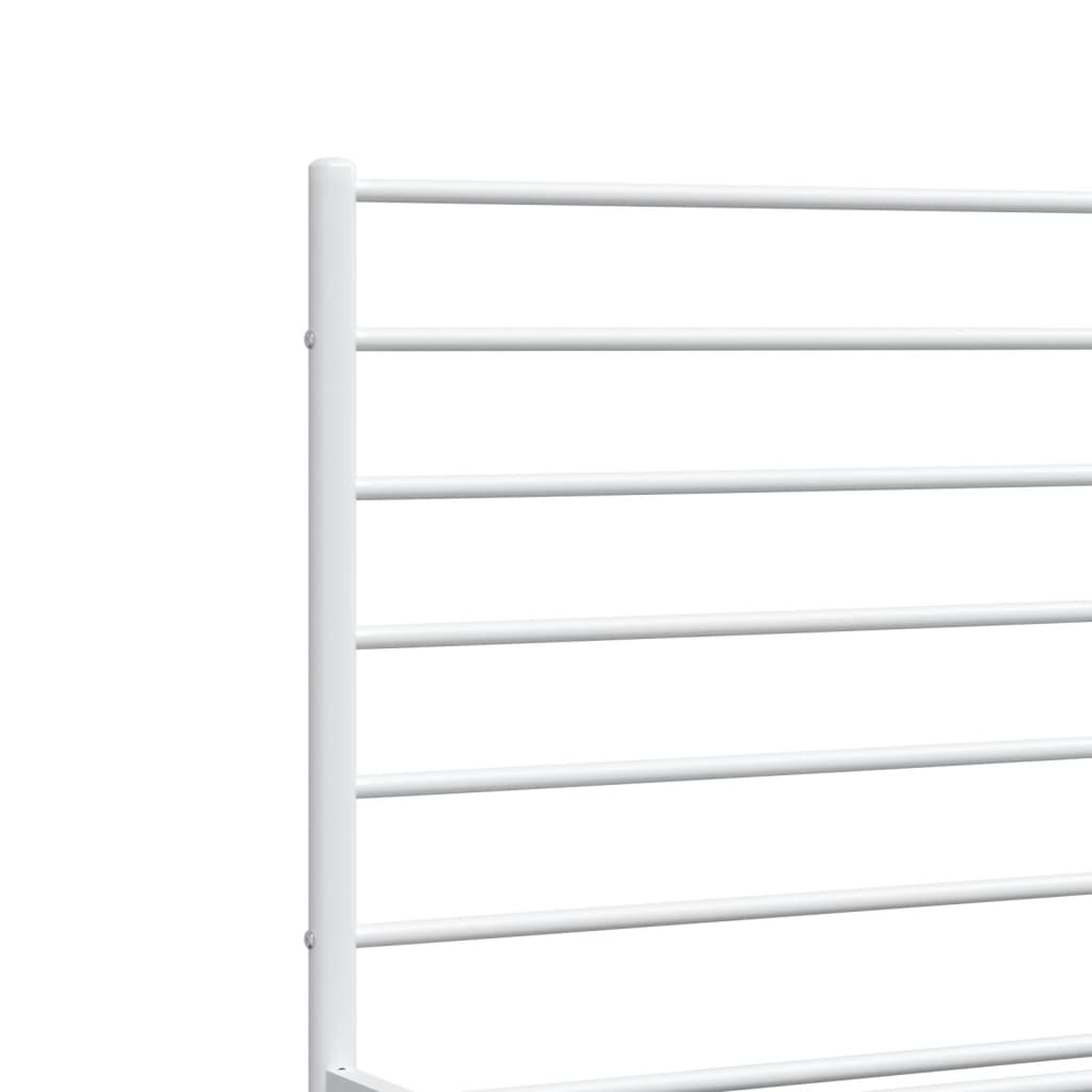 White metal platform bed frame with horizontal slats and a minimalist headboard