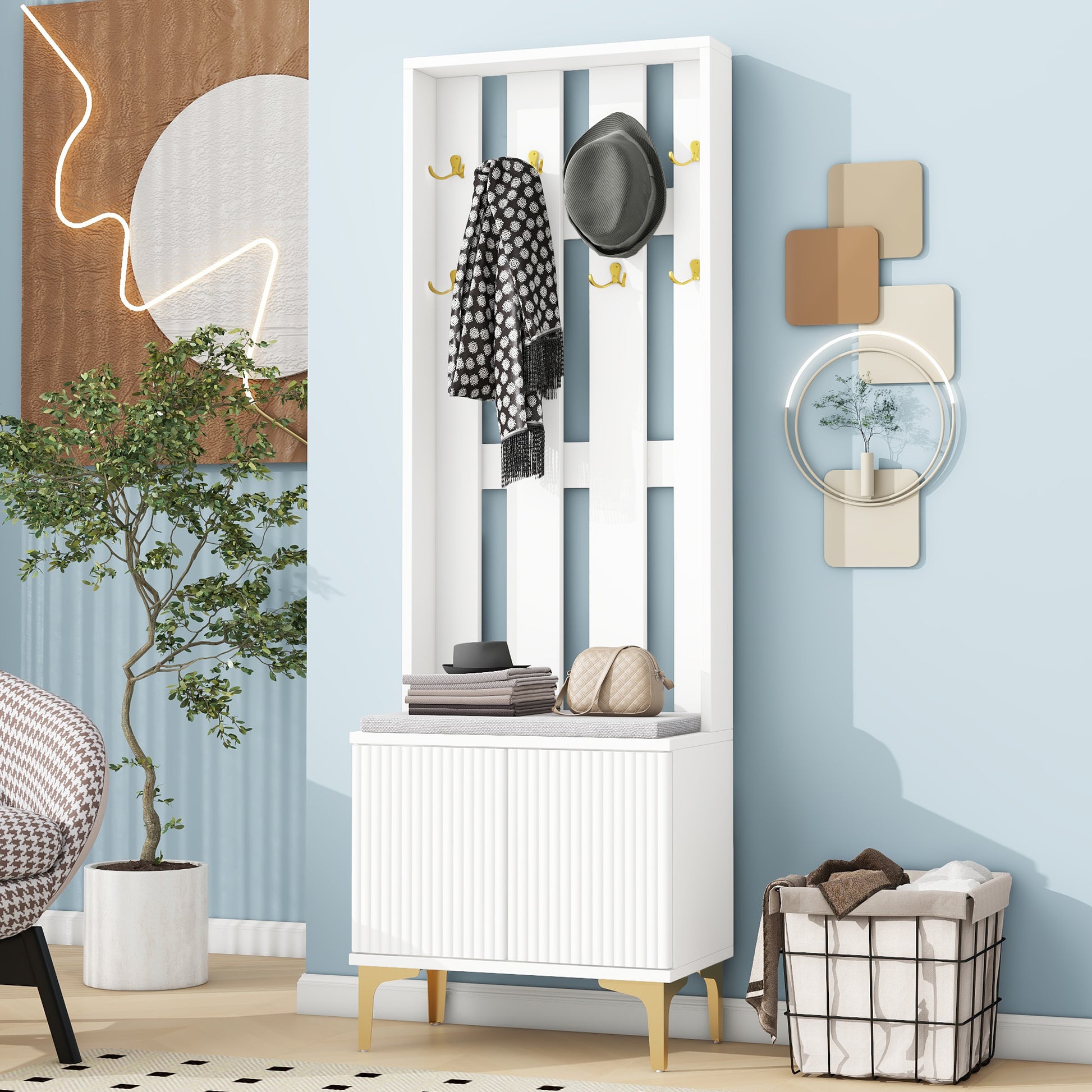 Modern white hall tree with bench seat and gold legs