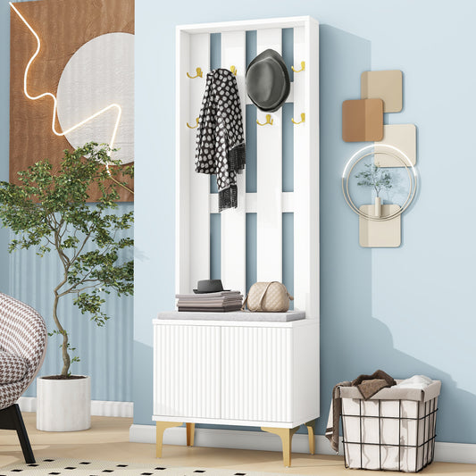 Modern white hall tree with bench seat and gold legs