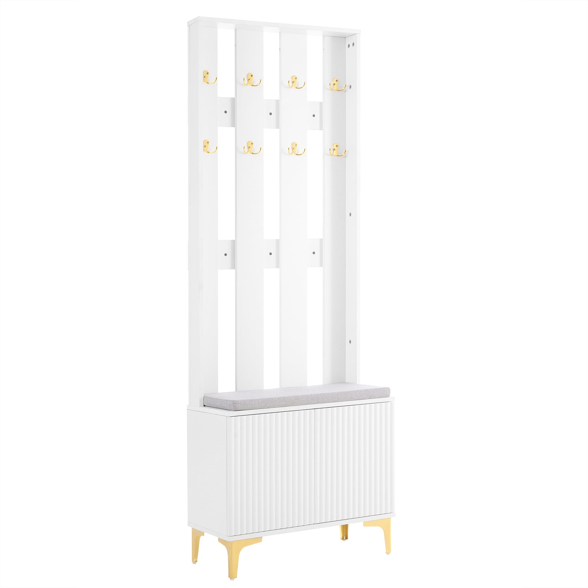 White entryway bench with coat hooks and fluted cabinet doors