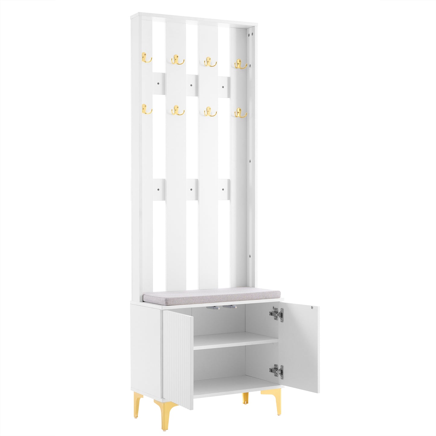 White hall tree with bench and gold hooks