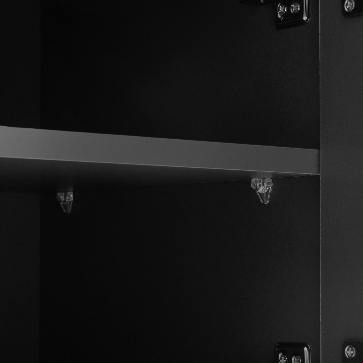 Black metal cabinet shelf with clear shelf pins