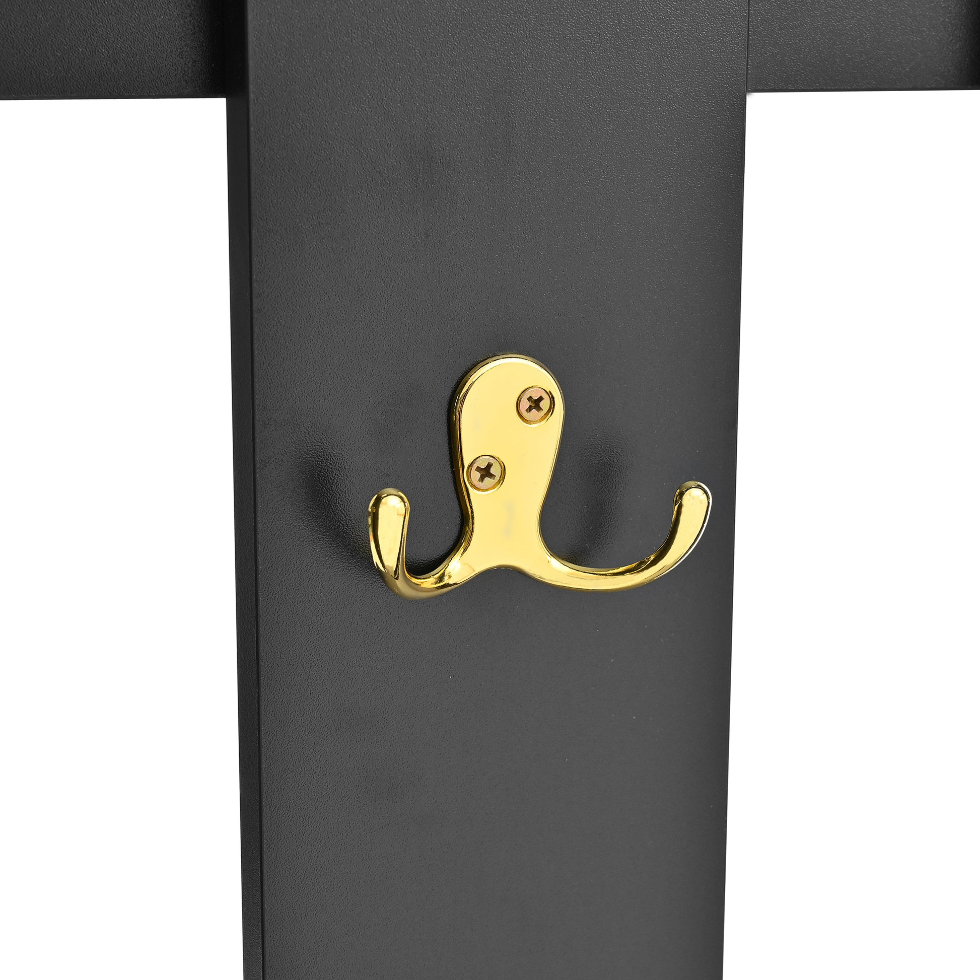 Black coat rack with a polished gold double hook