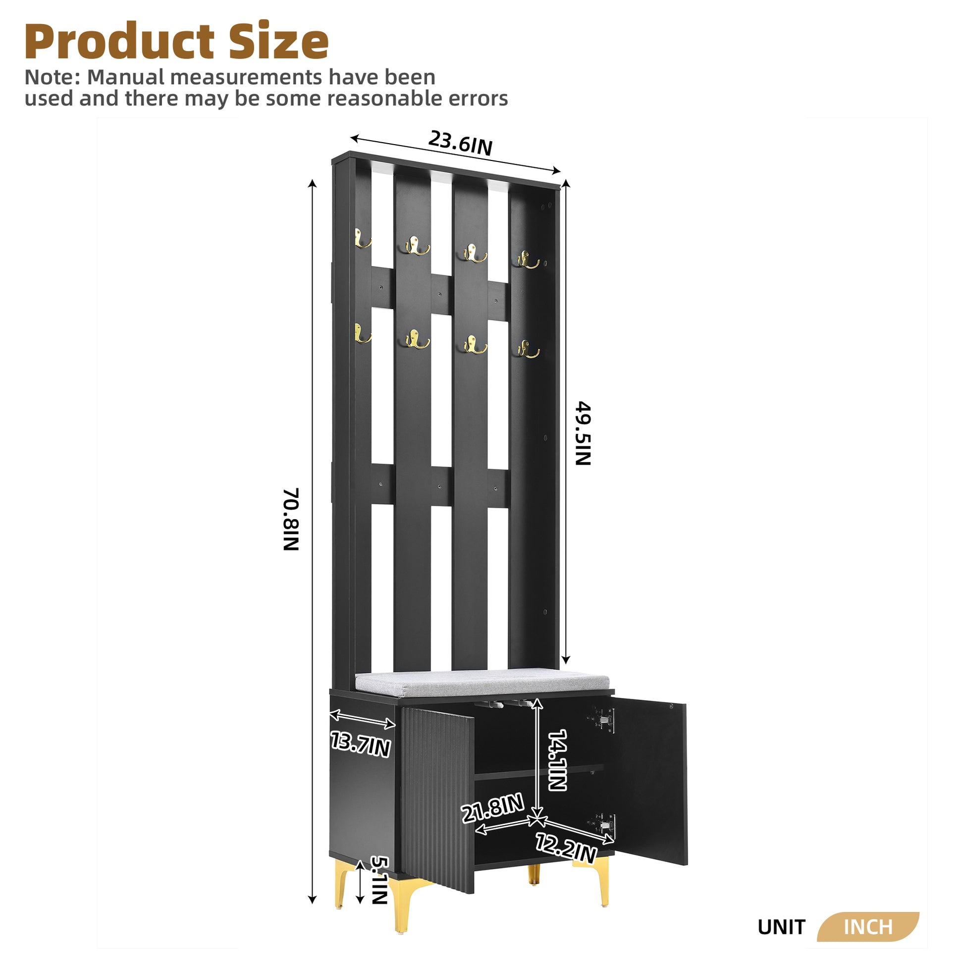 Black entryway hall tree with bench coat hooks and storage cabinets for entryway organization