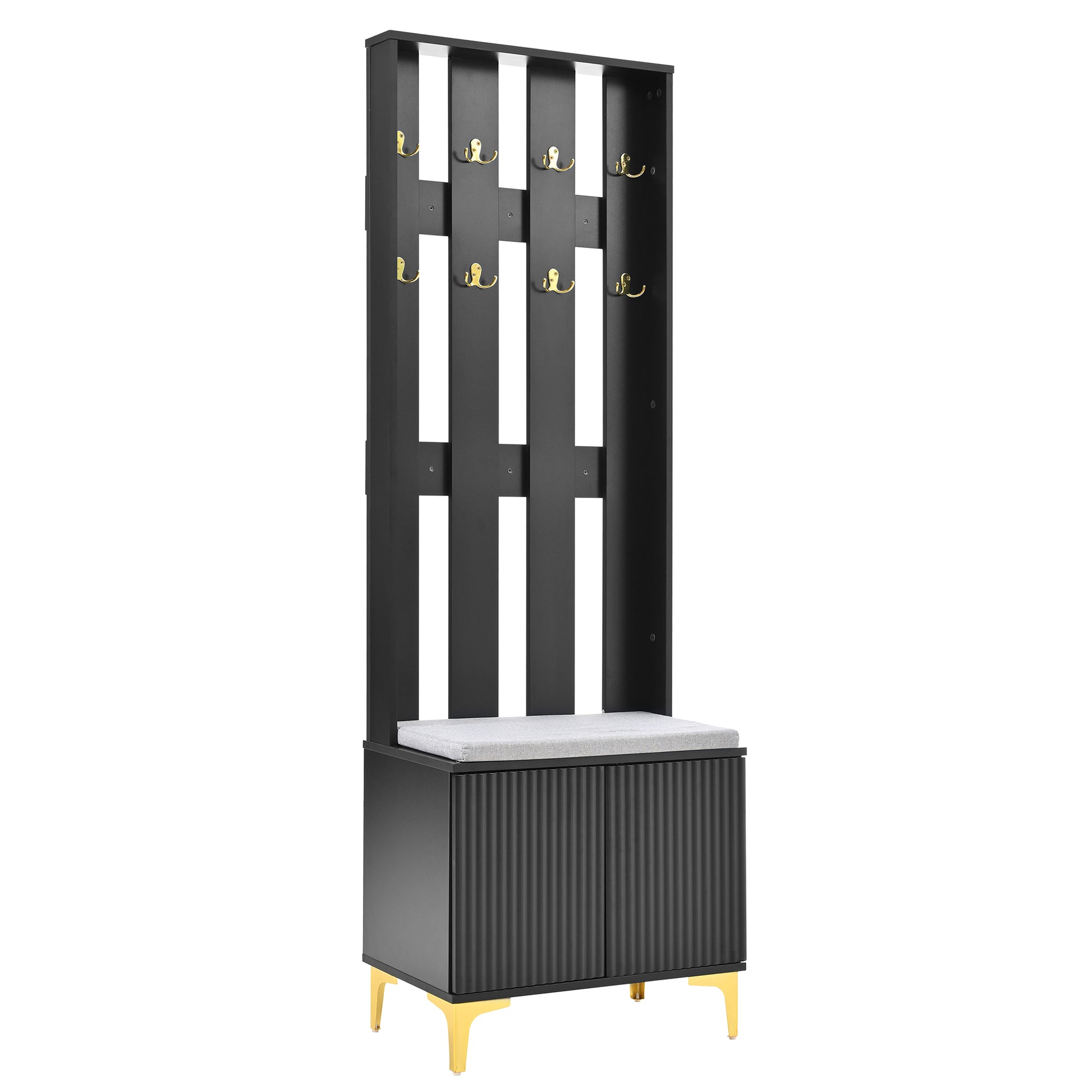 Tall black entryway bench with coat hooks and storage