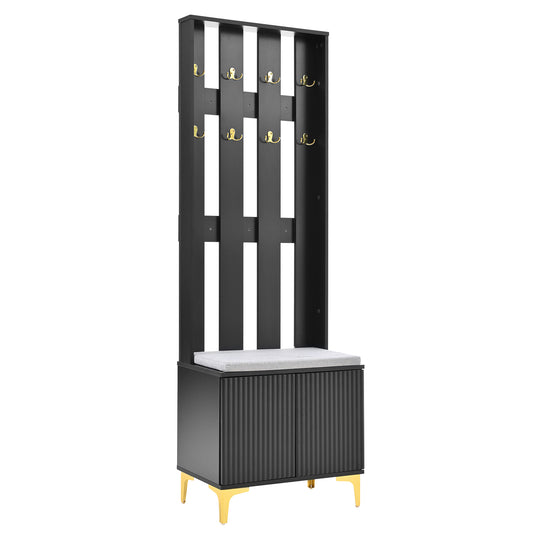 Tall black entryway bench with coat hooks and storage