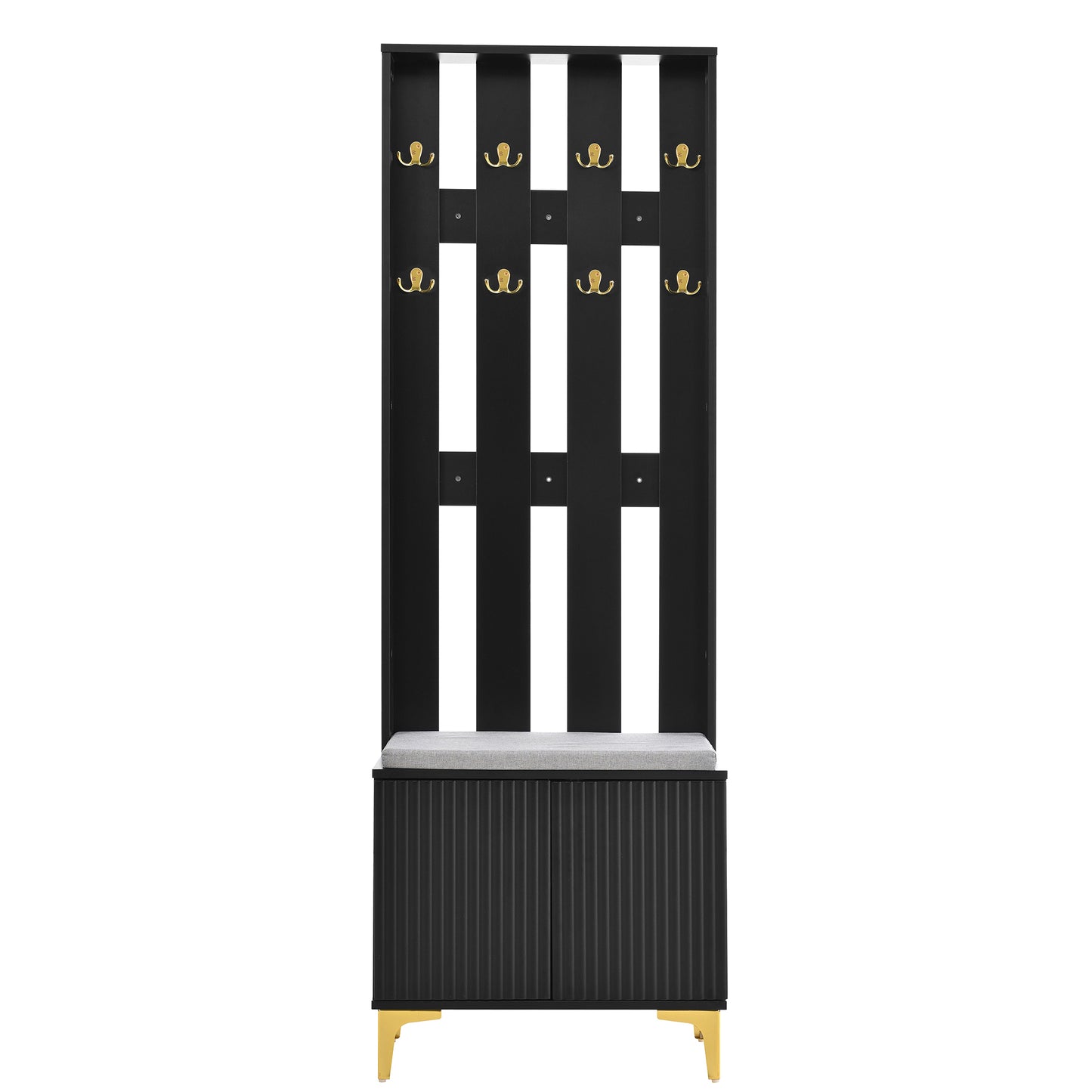 Black entryway bench with coat hooks and storage cabinet
