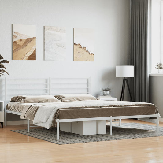 Modern white metal bed frame with minimalist horizontal slats queen size