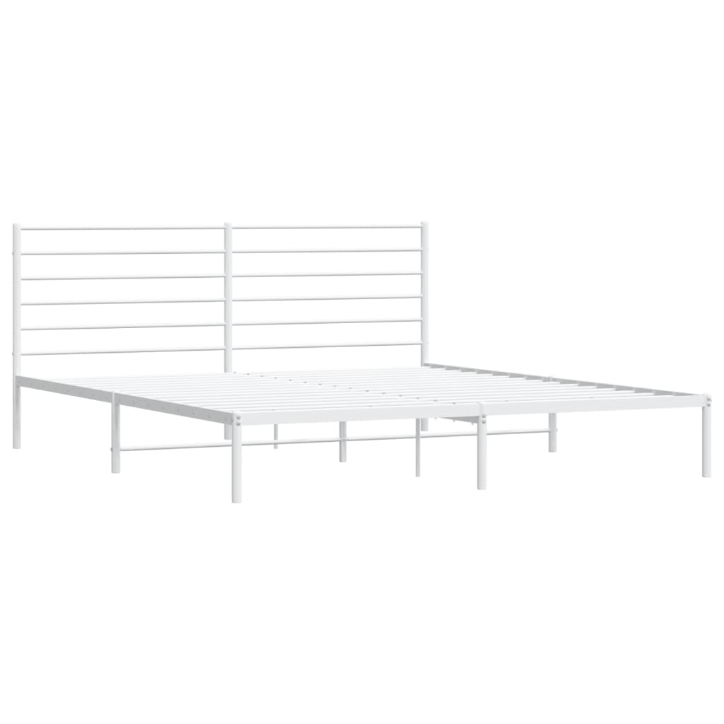 Modern white metal bed frame with horizontal slat headboard