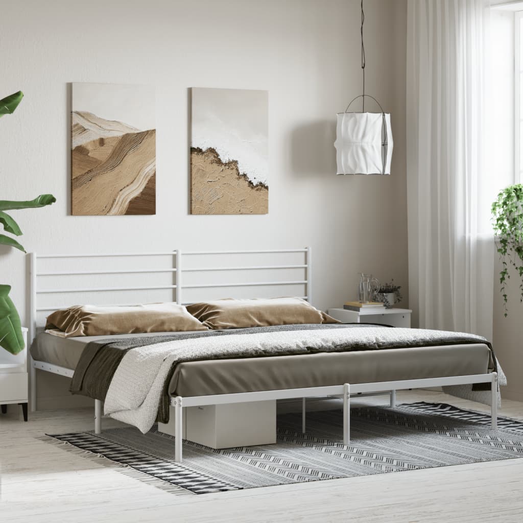 Modern white metal bed frame with slatted headboard and footboard