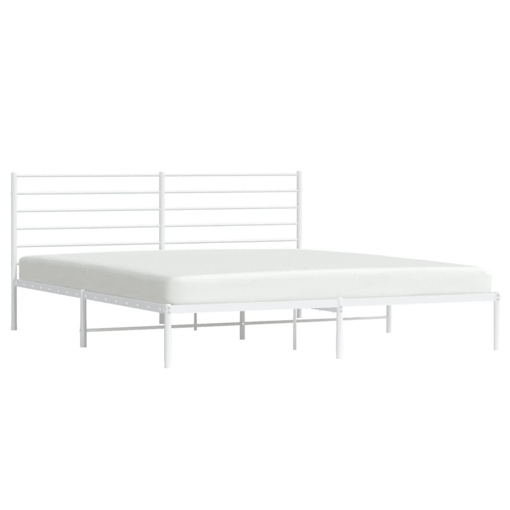 Modern white metal platform bed frame with horizontal headboard slats