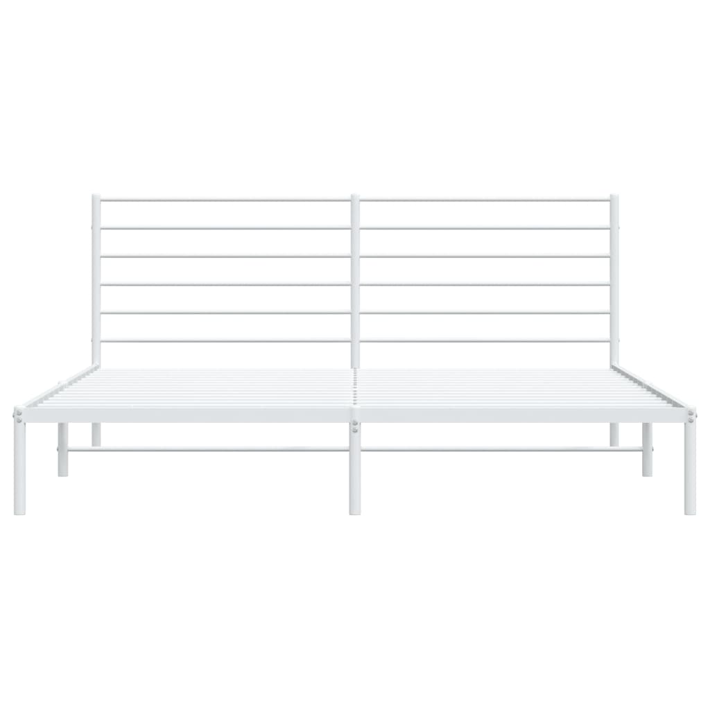 White metal twin bed frame with horizontal slat headboard and mattress