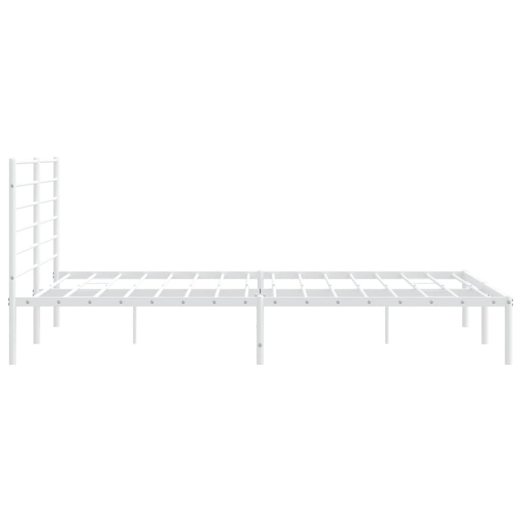 White metal platform bed frame with horizontal slats and a minimalist headboard