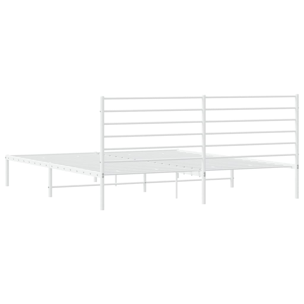 White metal platform bed frame with a minimalist headboard