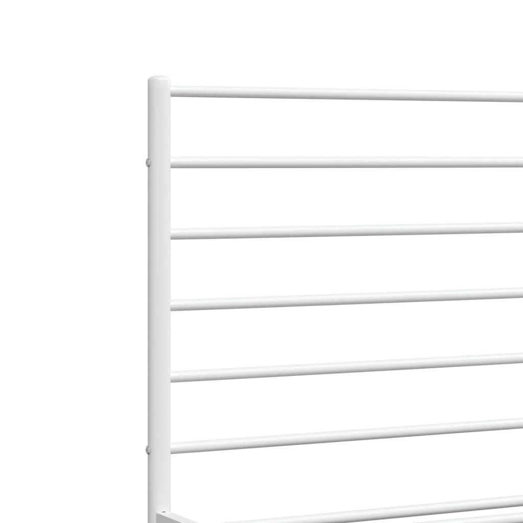 Modern white metal bed frame with horizontal slats and a slatted headboard