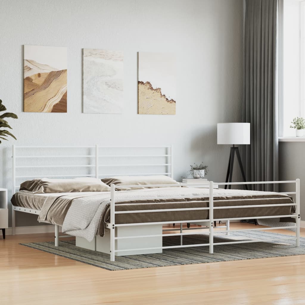 White metal platform bed frame with minimalist horizontal slats on the headboard and footboard