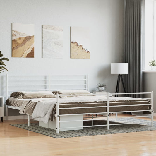 White metal platform bed frame with minimalist horizontal slats on the headboard and footboard