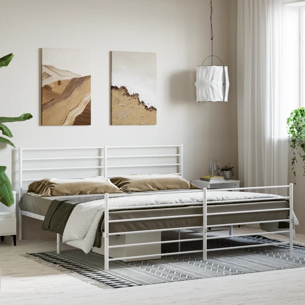 White metal bed frame with minimalist horizontal slats and upholstered headboard