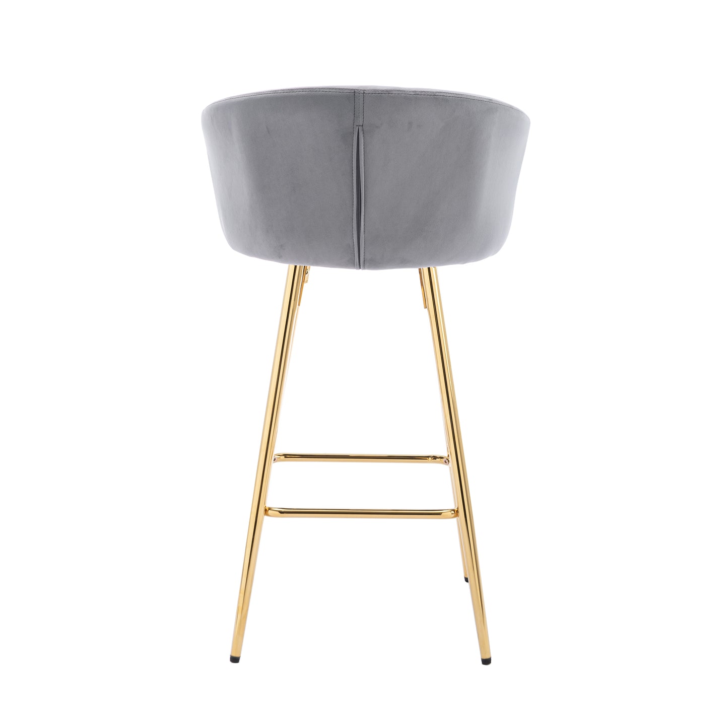 Grey velvet bar stool with gold legs from behind