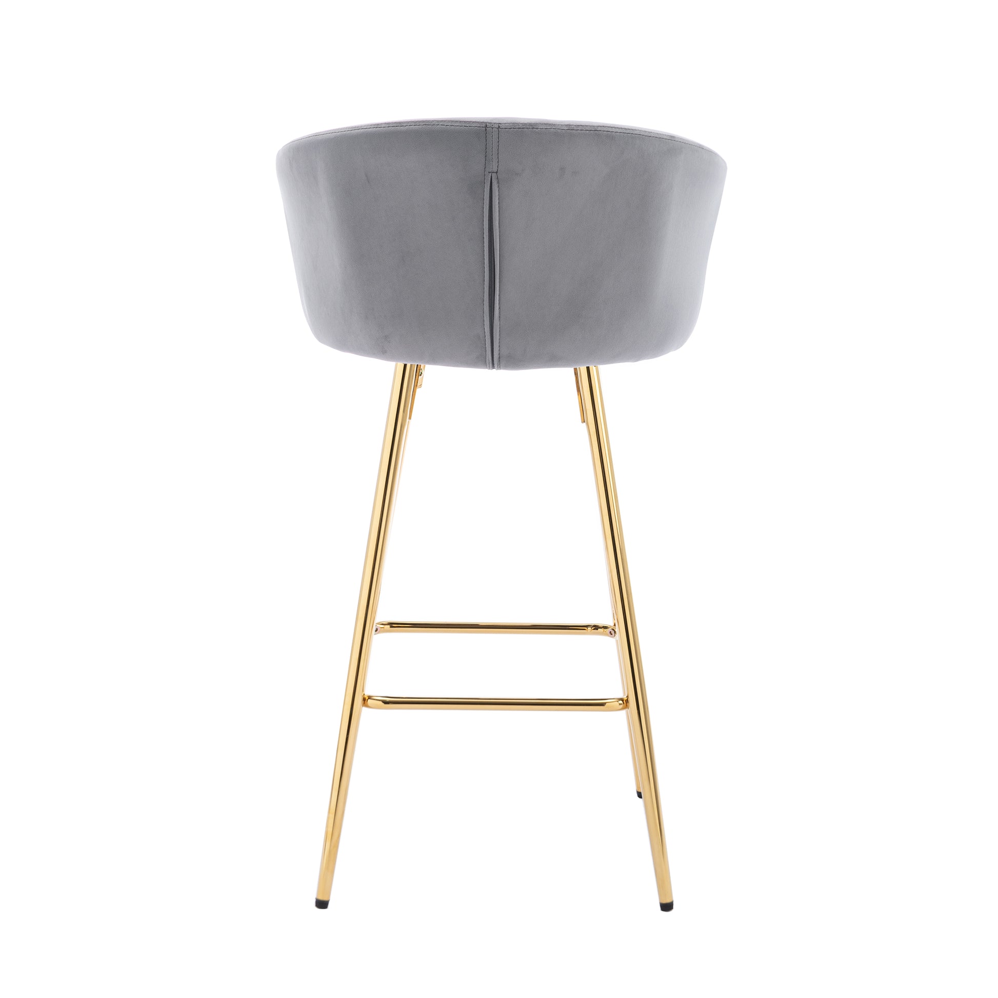 Grey velvet bar stool with gold legs from behind