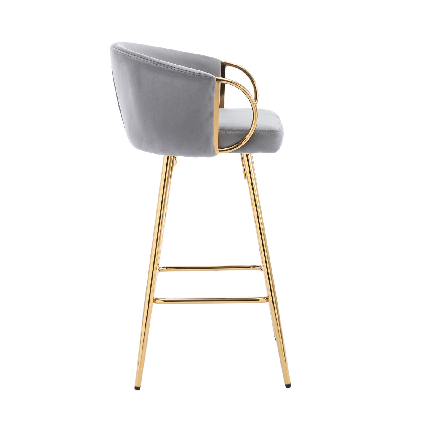Grey velvet bar stool with gold legs and armrests