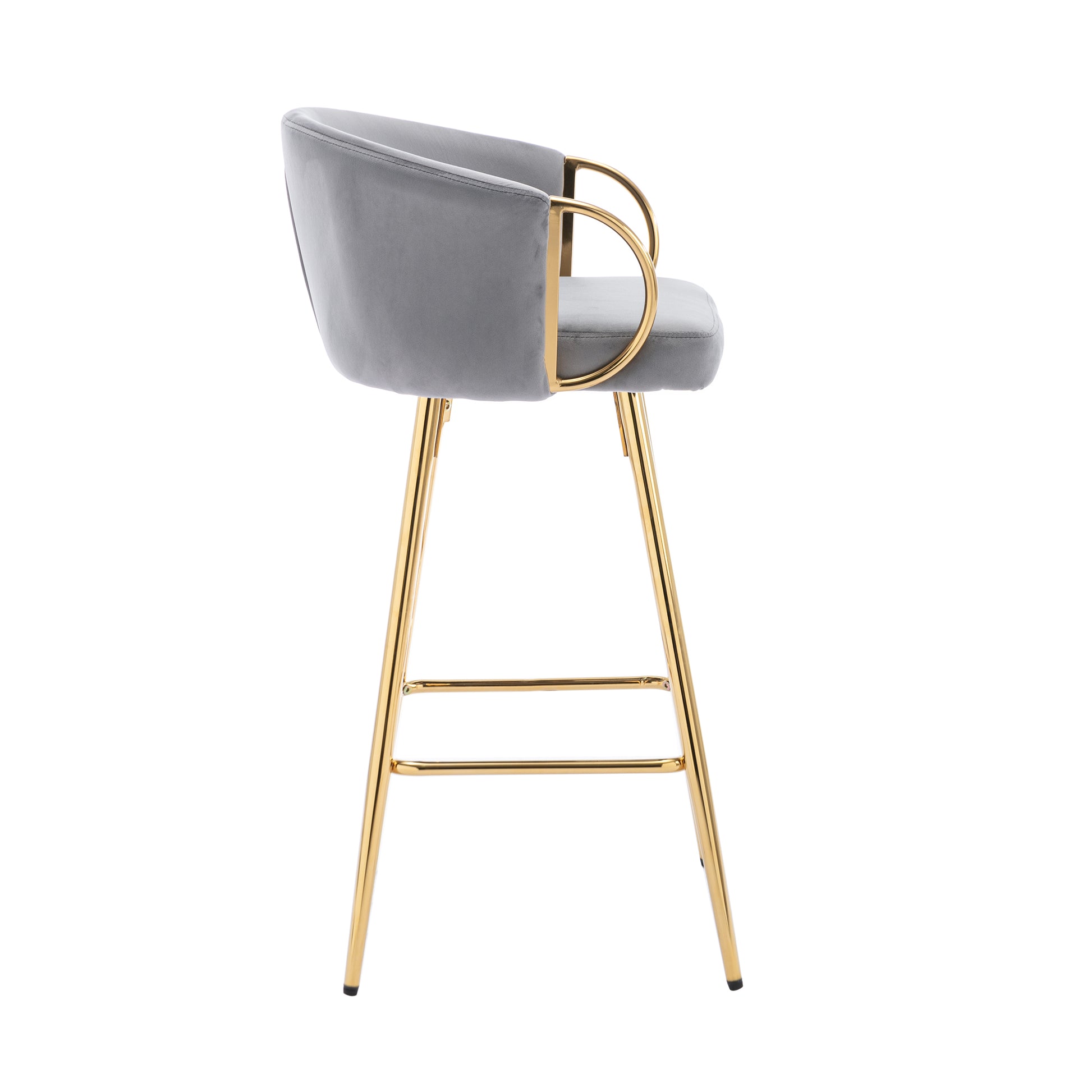 Grey velvet bar stool with gold legs and armrests