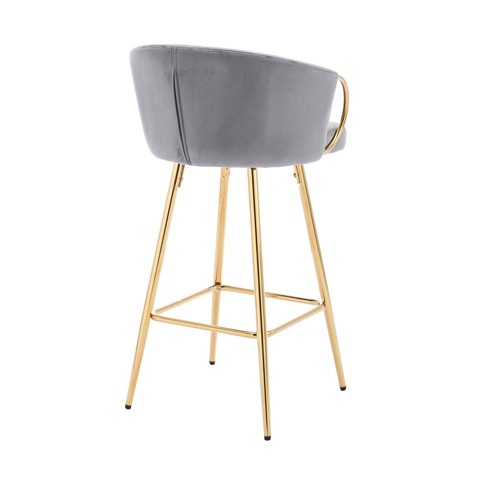 Grey velvet bar stool with curved back and gold metal legs