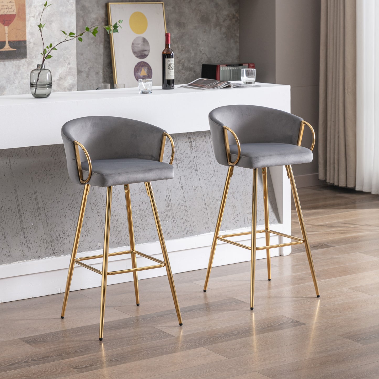Grey velvet bar stools with gold legs set of two