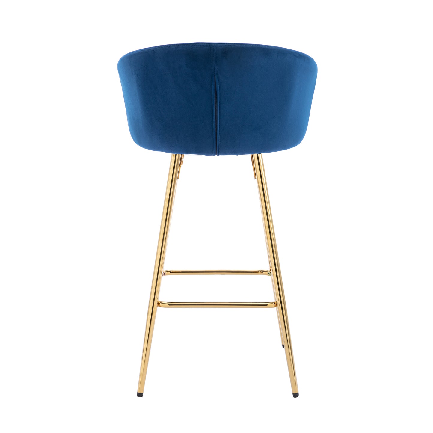 Back view of a deep blue velvet bar stool with gold metal legs