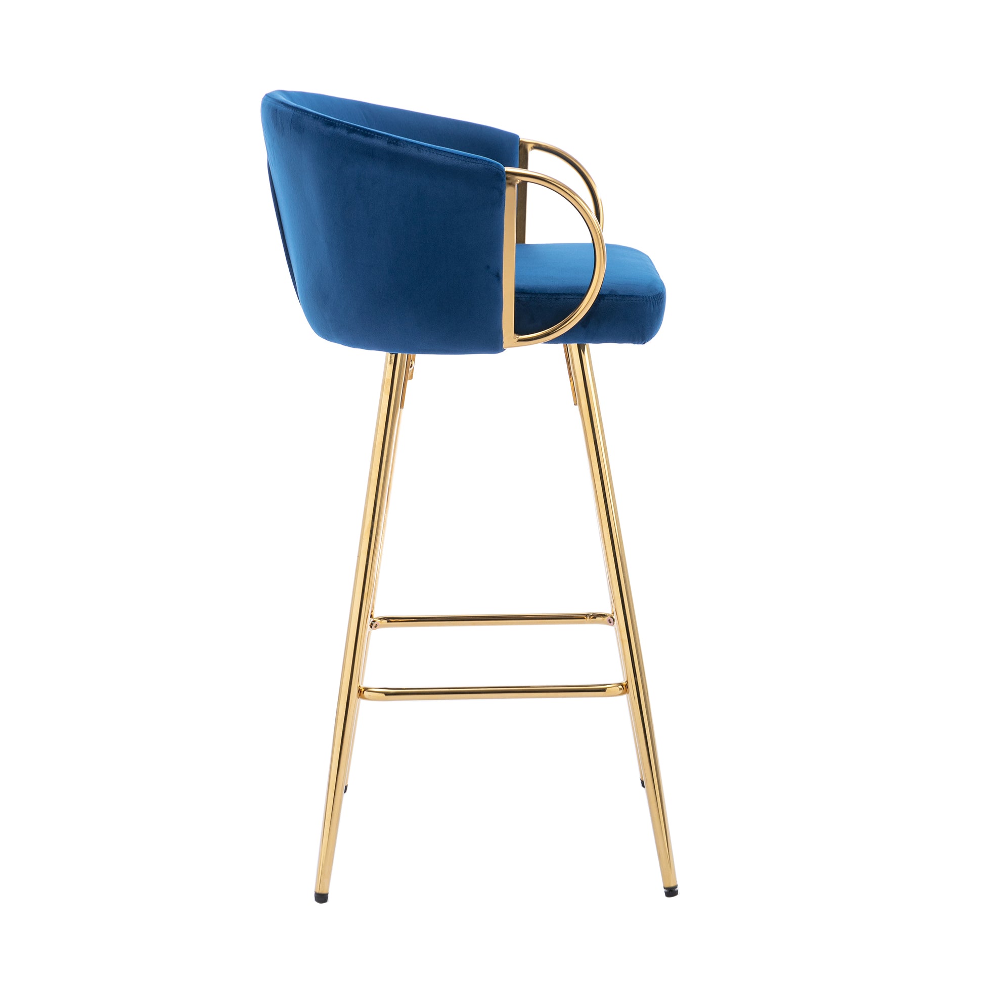 Royal blue velvet bar stool with polished gold metal legs and curved armrests