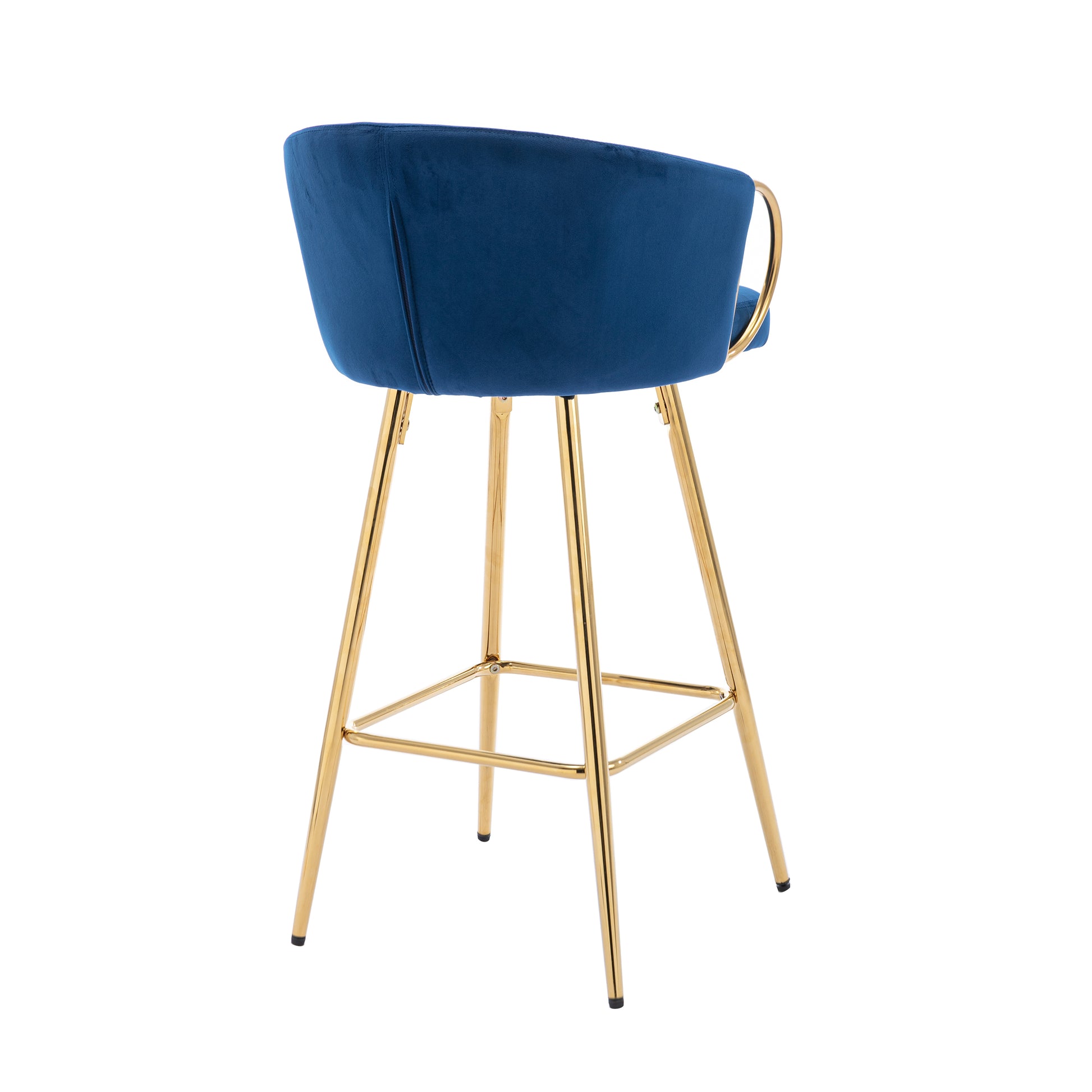 Deep blue velvet bar stool with gold metal legs and curved backrest