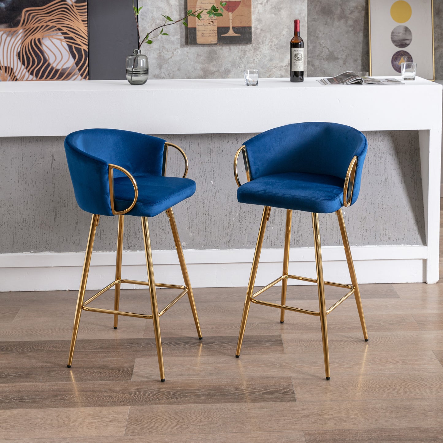 Elegant blue velvet bar stool with gold legs and arms