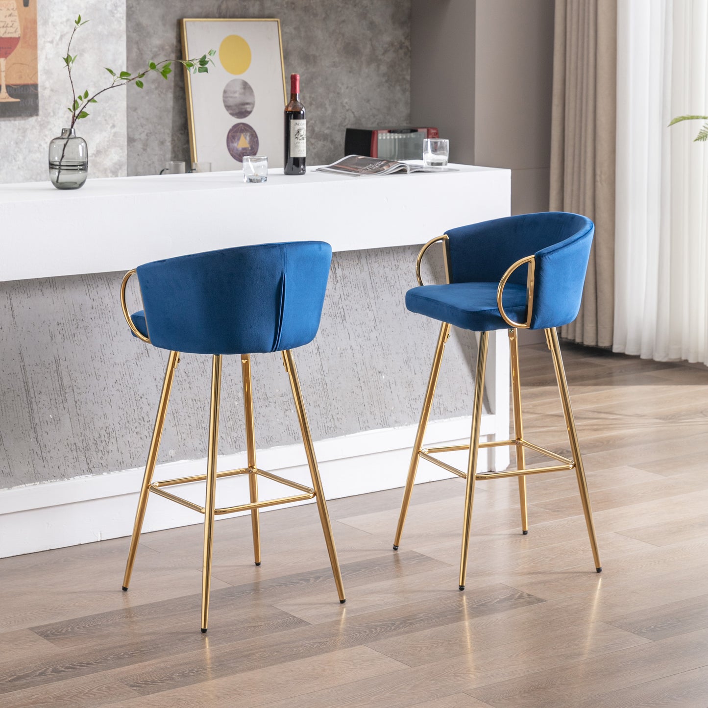 Navy blue velvet bar stool with gold legs
