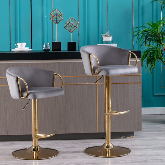 Grey velvet bar stool with gold accents