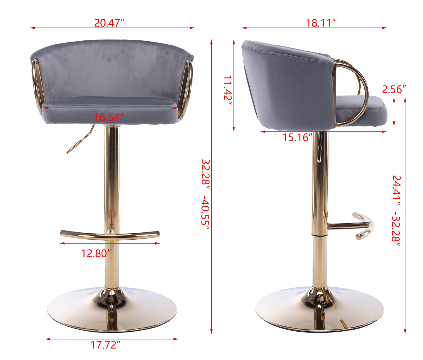 Gray velvet bar stool with gold metal accents adjustable height for modern kitchens