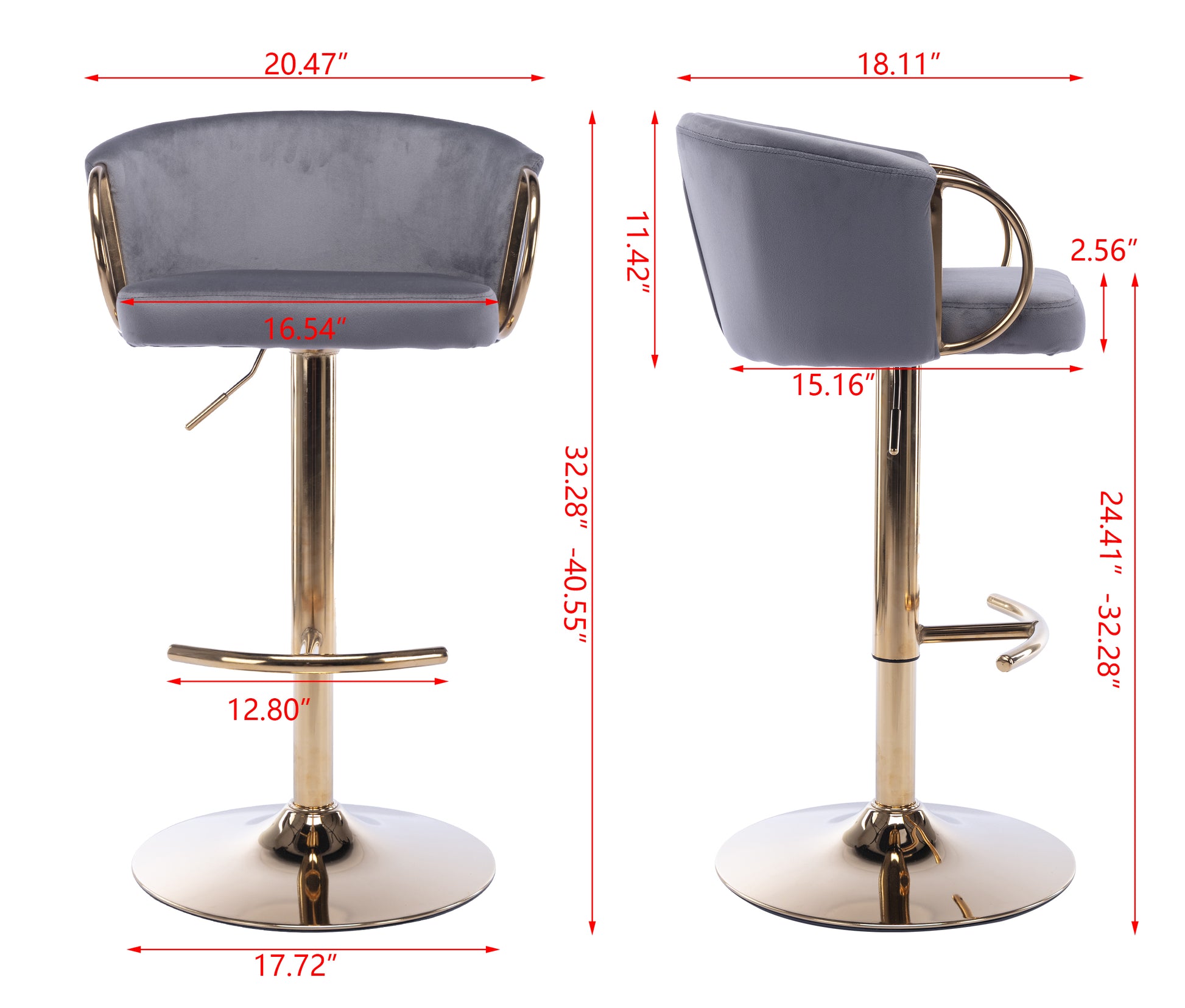 Gray velvet bar stool with gold metal accents adjustable height for modern kitchens