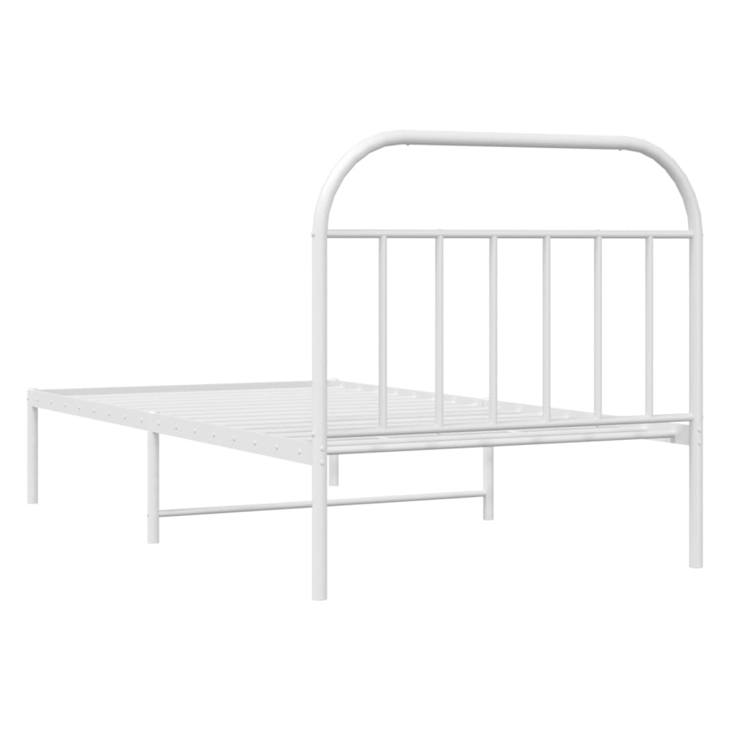 White metal twin bed frame with a simple slatted design and curved headboard