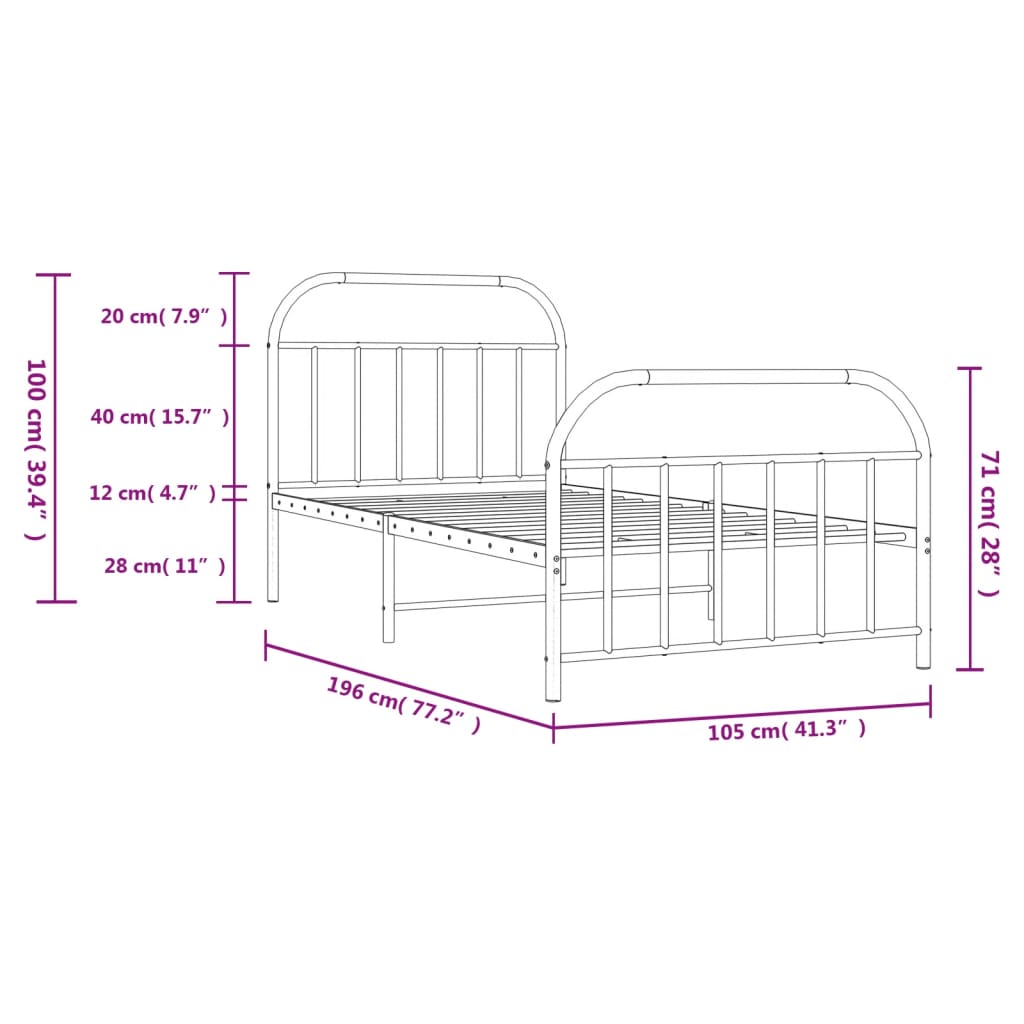 Closeup of a black metal bed frame with curved headboard and vertical bars