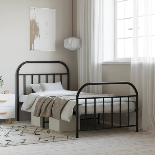 Black metal twin bed frame with arched headboard and footboard featuring a modern industrial design