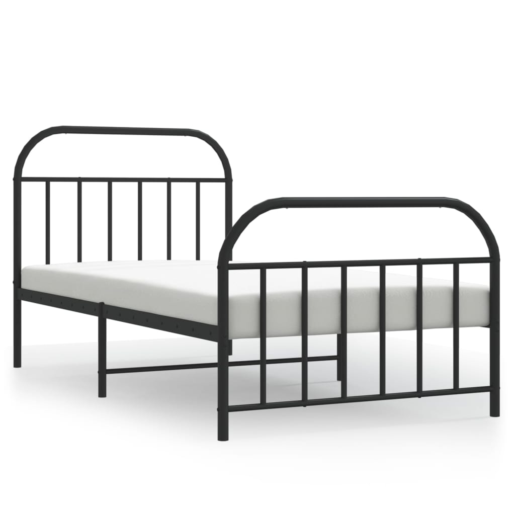 Diagram of a white metal single bed frame with dimensions indicated