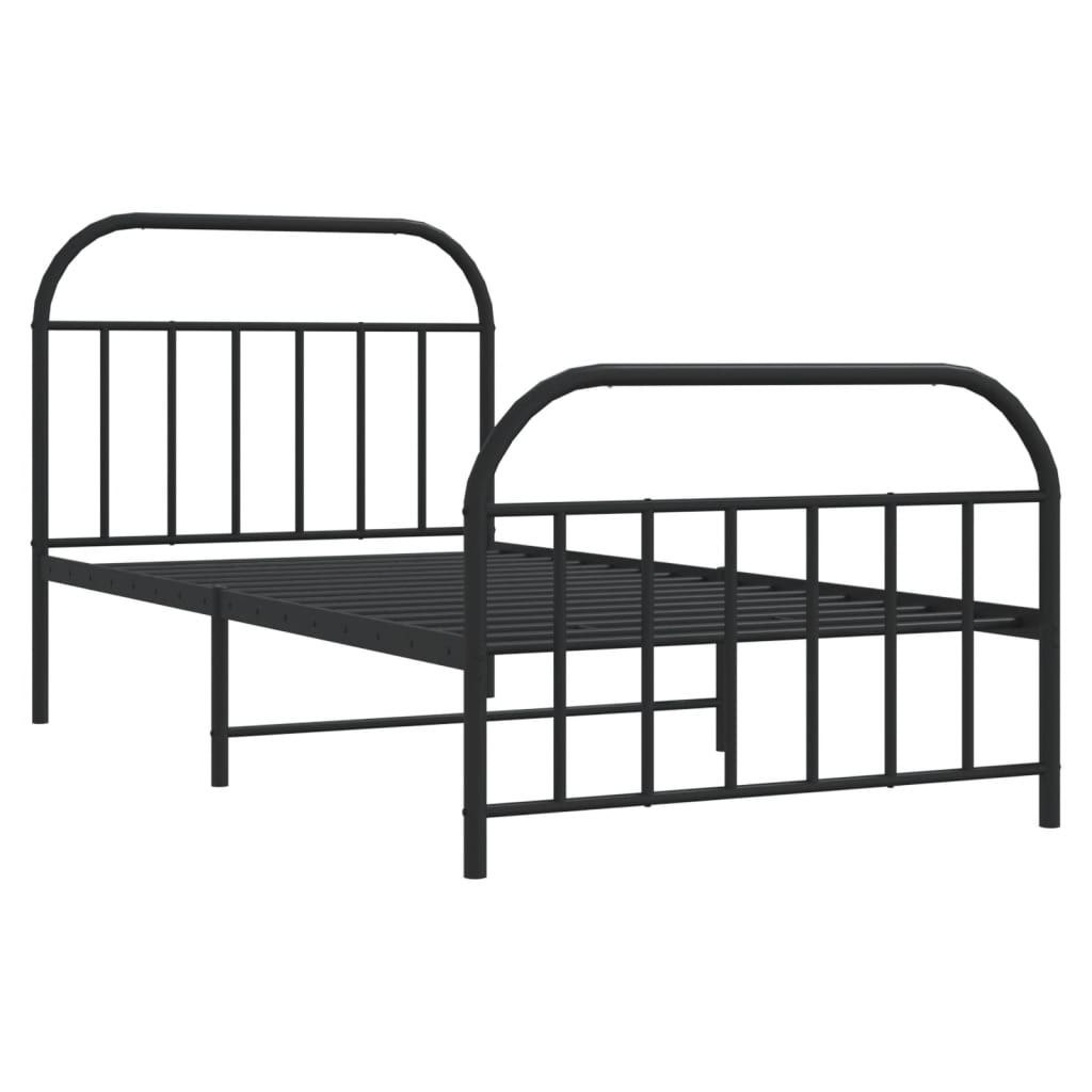 Black metal single bed frame with a white mattress