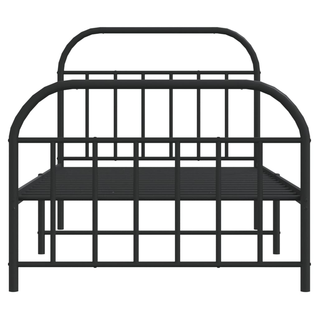 Black metal twin bed frame with rounded headboard and footboard
