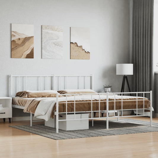 White metal platform bed frame with a modern minimalist design