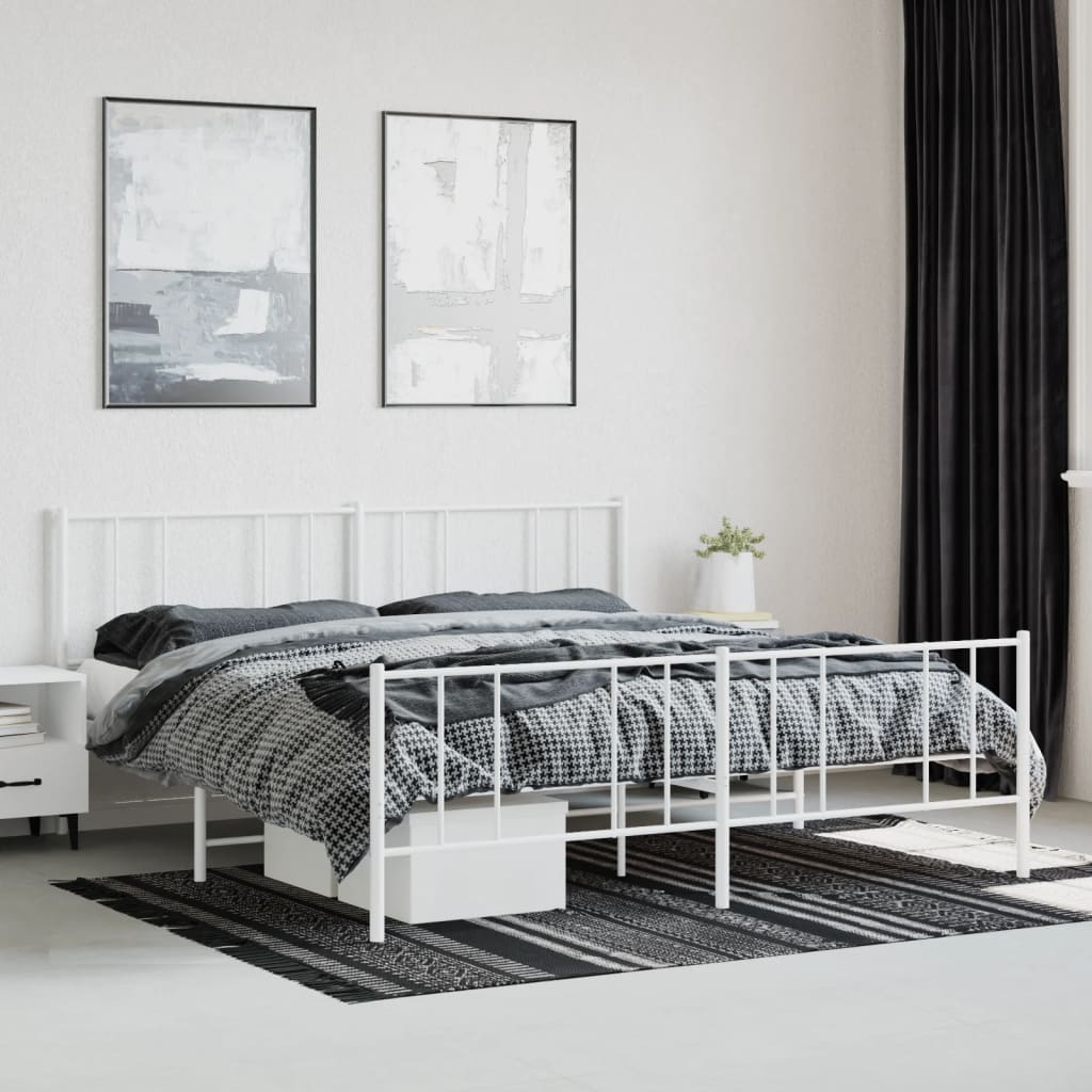 Modern white metal bed frame with slatted headboard and footboard