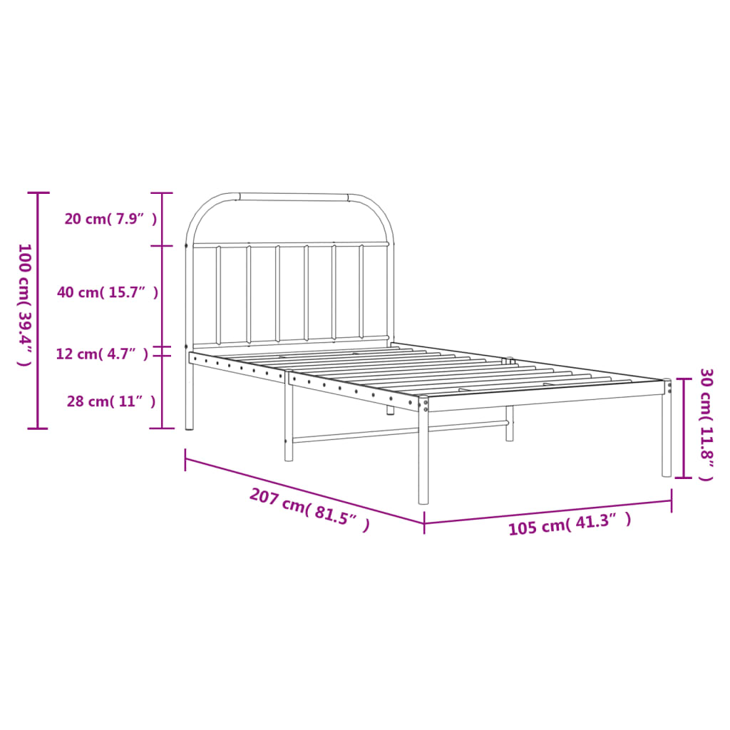 Closeup of a black metal bed frame headboard with rounded top rail