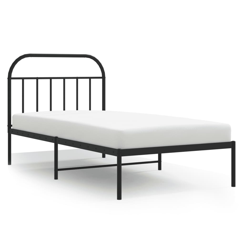 Metal twin bed frame with rounded headboard and slatted support